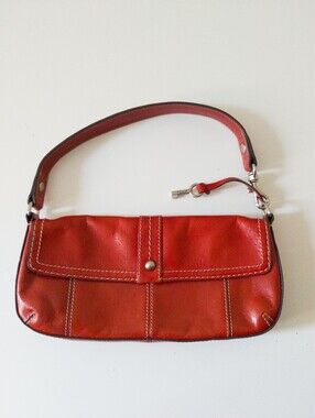 Vintage Fossil Red Genuine Leather Flap Shoulder Baguette Purse & Key Charm